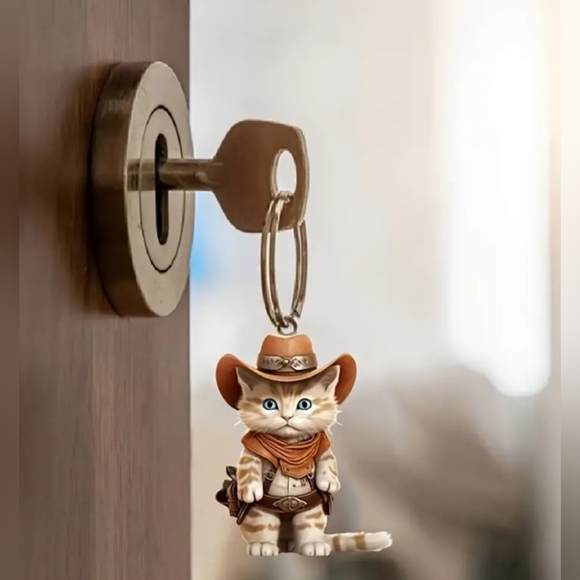 1 Piece Cowboy Kitten Keychain, 2D Acrylic Cat Pendant, 0.3cm Thick, Double-Side - Picture 3 of 6